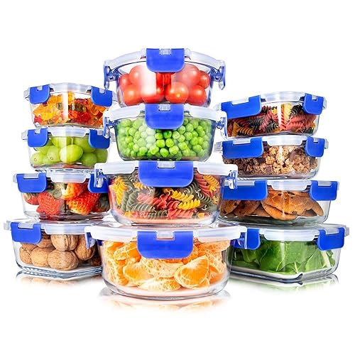 SereneLife 24 Piece Glass Storage Containers with Lids, 12 Pack Glass Meal Prep Container Set for Lunch, Kitchen Storage, Food Storage, Leak Proof…