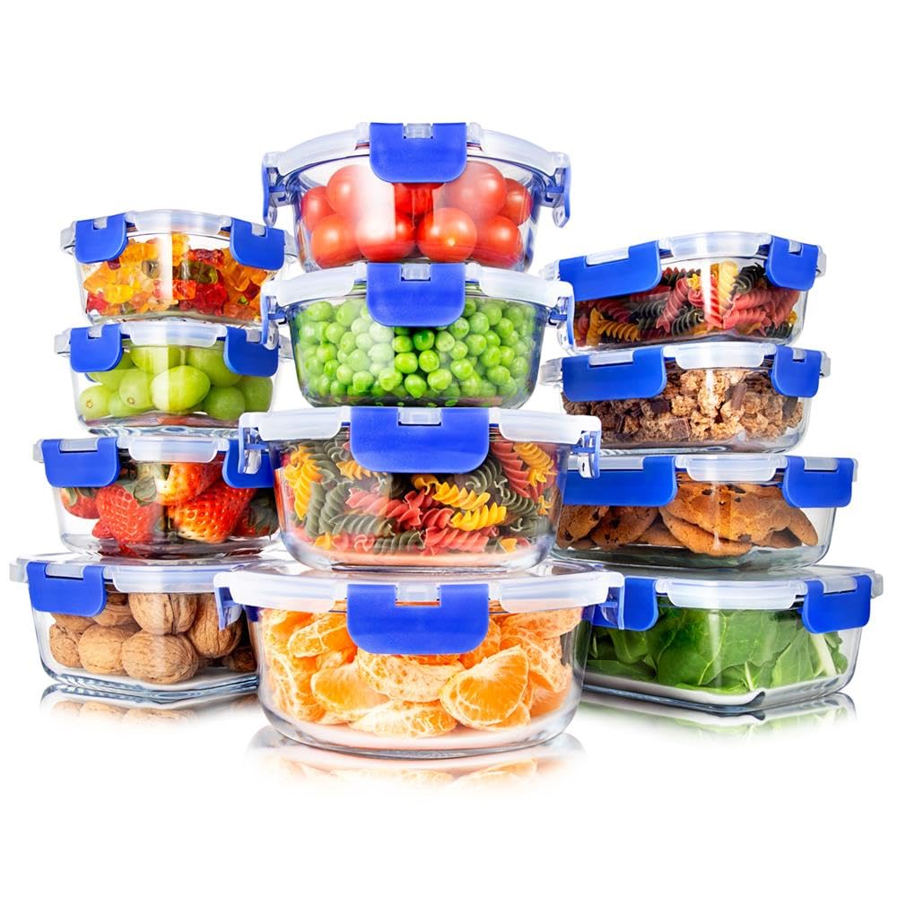 SereneLife 24 Piece Glass Storage Containers with Lids, 12 Pack Glass Meal Prep Container Set for Lunch, Kitchen Storage, Food Storage, Leak Proof…