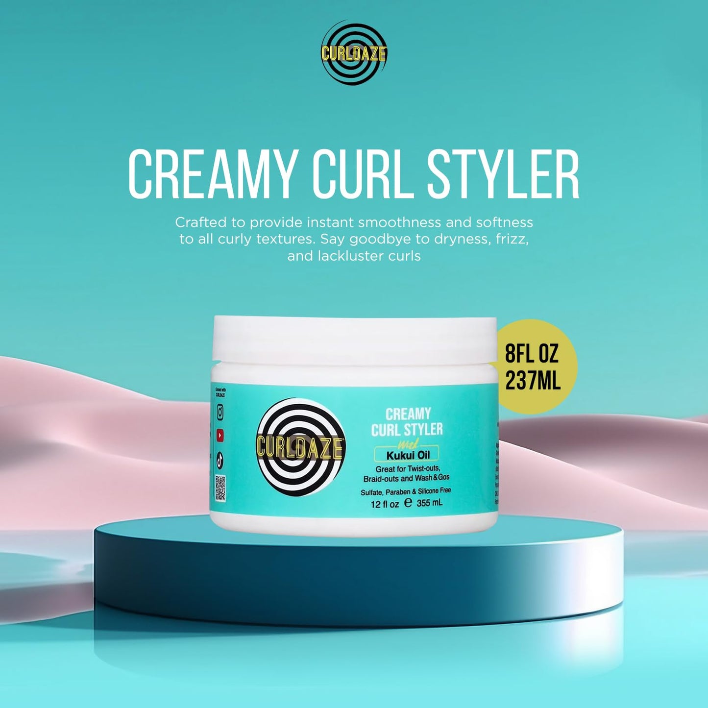 Curldaze Creamy Curl Styler with Kukui Oil, Vitamins A, C, and E. Moisturizing and Styling Curl for Curly Hair, Great for Twist-Outs, Braid Outs, Wash