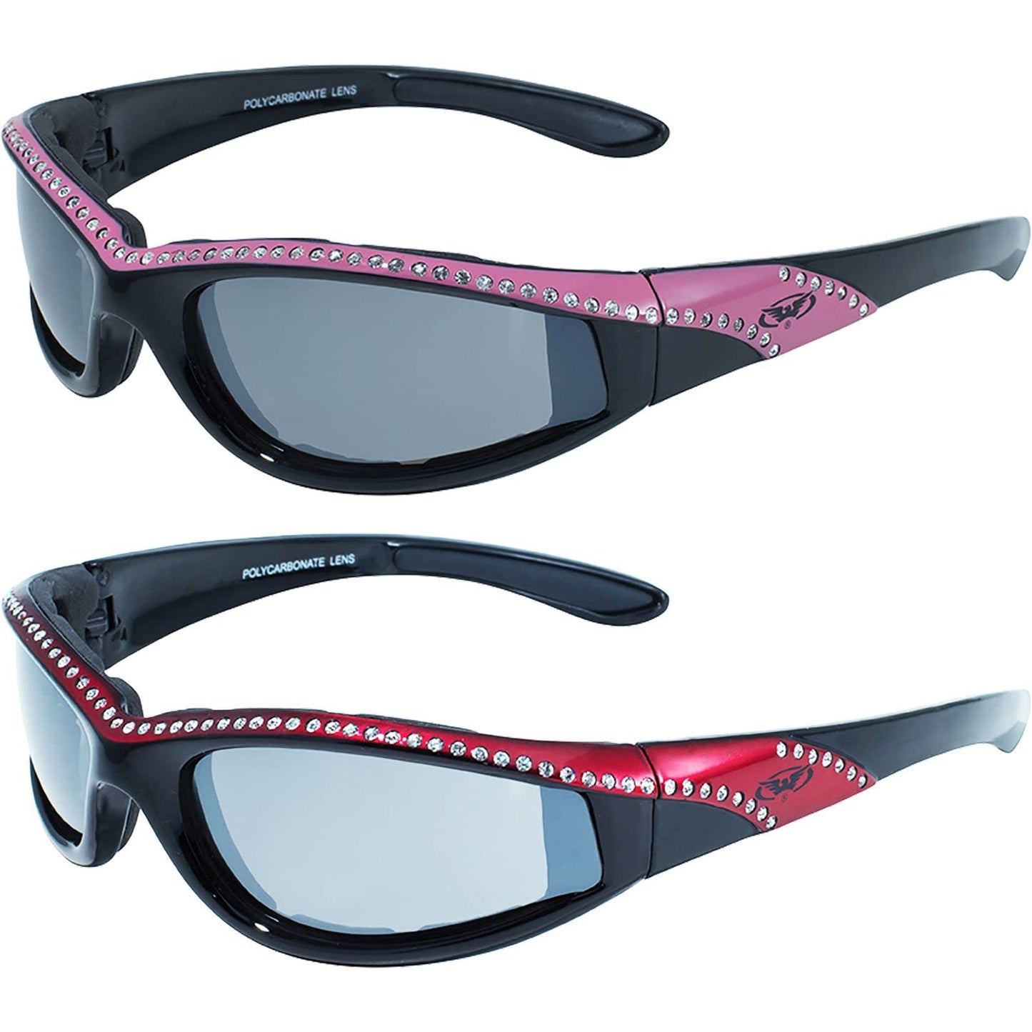 Global Vision Eyewear Marilyn 11 Women's Bling Black Motorcycle Sunglasses 2 Pair Pink & Red Frames Flash Mirror Lenses
