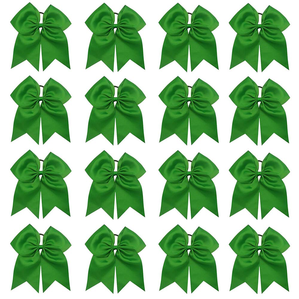 16PCS 8" Large Cheer Hair Bows Ponytail Holder Elastic Band Handmade for Cheerleading Teen Girls College Sports (Green, 1 Count (Pack of 16))