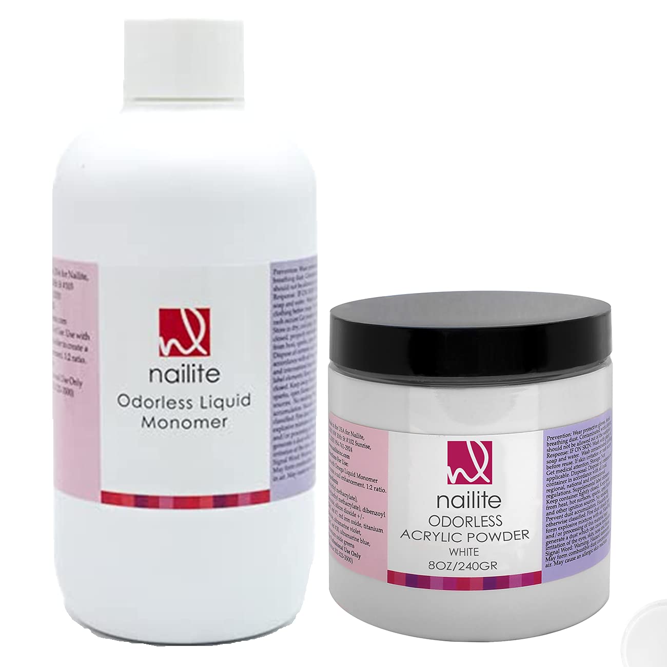 Nailite Odorless Liquid Monomer + White Acrylic Powder - Professional System for Nail Extension, Non-Yellowing Effect and EMA Formula - Kit 8 Oz. Beauty & Personal Care Nailite
