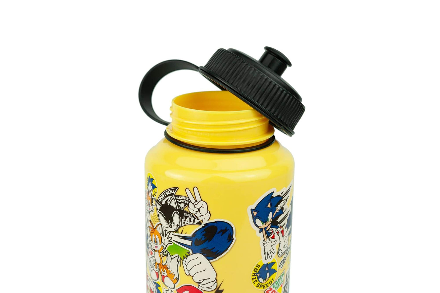 Sonic The Hedgehog Sticker Bomb Large Plastic Water Bottle | Unique Classic Yellow Water Bottle | Loaded With Sonic Artwork | Holds 32 Ounces