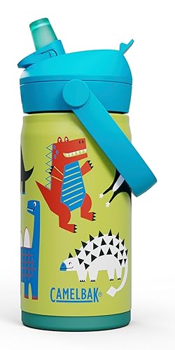 CamelBak Thrive Flip Straw Kids Bite Valve Stainless Steel Water Bottle Dino Jam, 12oz