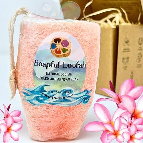 Soap Bar Loofah| Natural Loofah Sponge | Loofah Exfoliating Body Scrubber | 9-12 0z of Plumeria Scented Artisanal Handmade Natural loofah soap in a