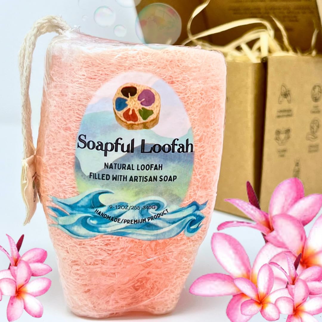 Soap Bar Loofah| Natural Loofah Sponge | Loofah Exfoliating Body Scrubber | 9-12 0z of Plumeria Scented Artisanal Handmade Natural loofah soap in a