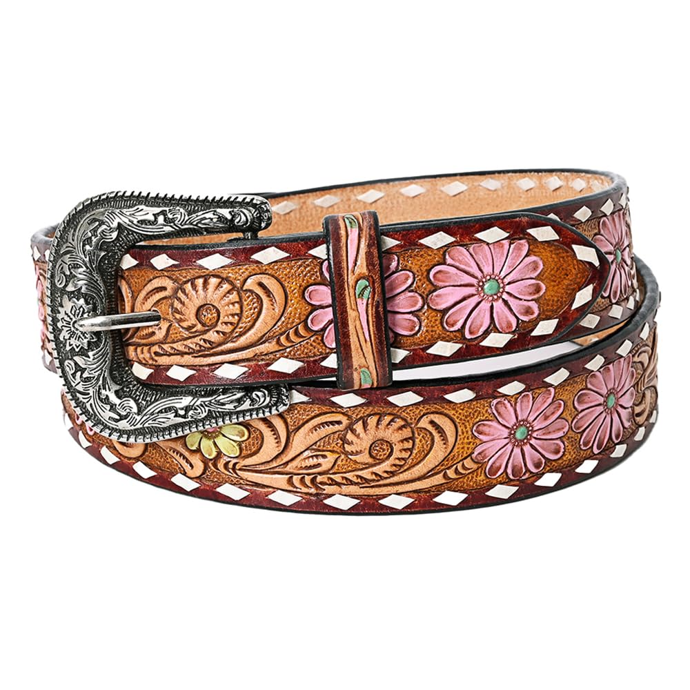 American Darling Medium Beautifully Hand Tooled Tan Genuine Leather Belt Men and Women Western with Removable Buckle