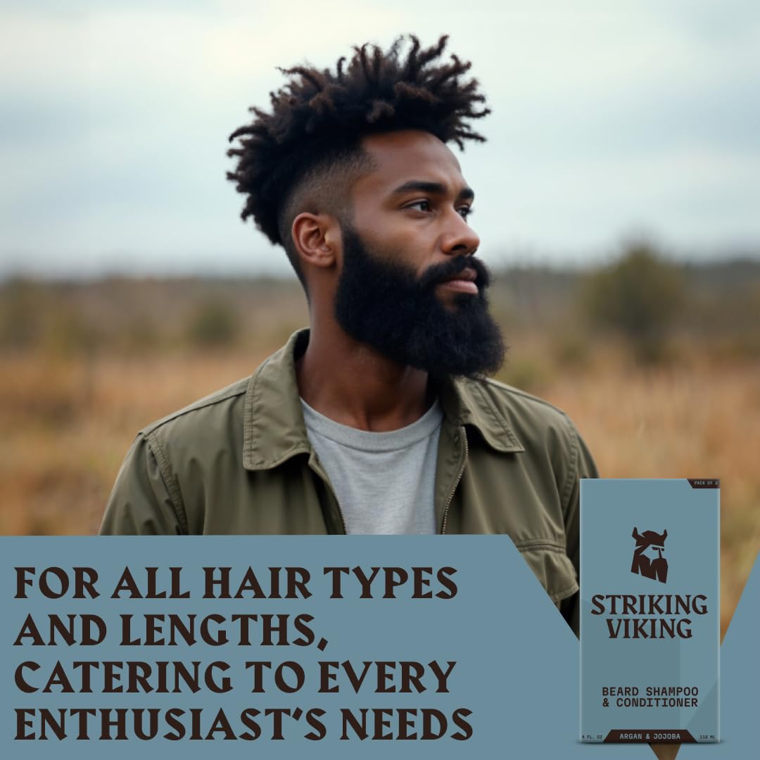 Striking Viking Beard Shampoo and Conditioner Set - 4 Fl Oz Each, Fresh Masculine Scent - Beard Wash and Conditioner for Men - Cleanses & Softens
