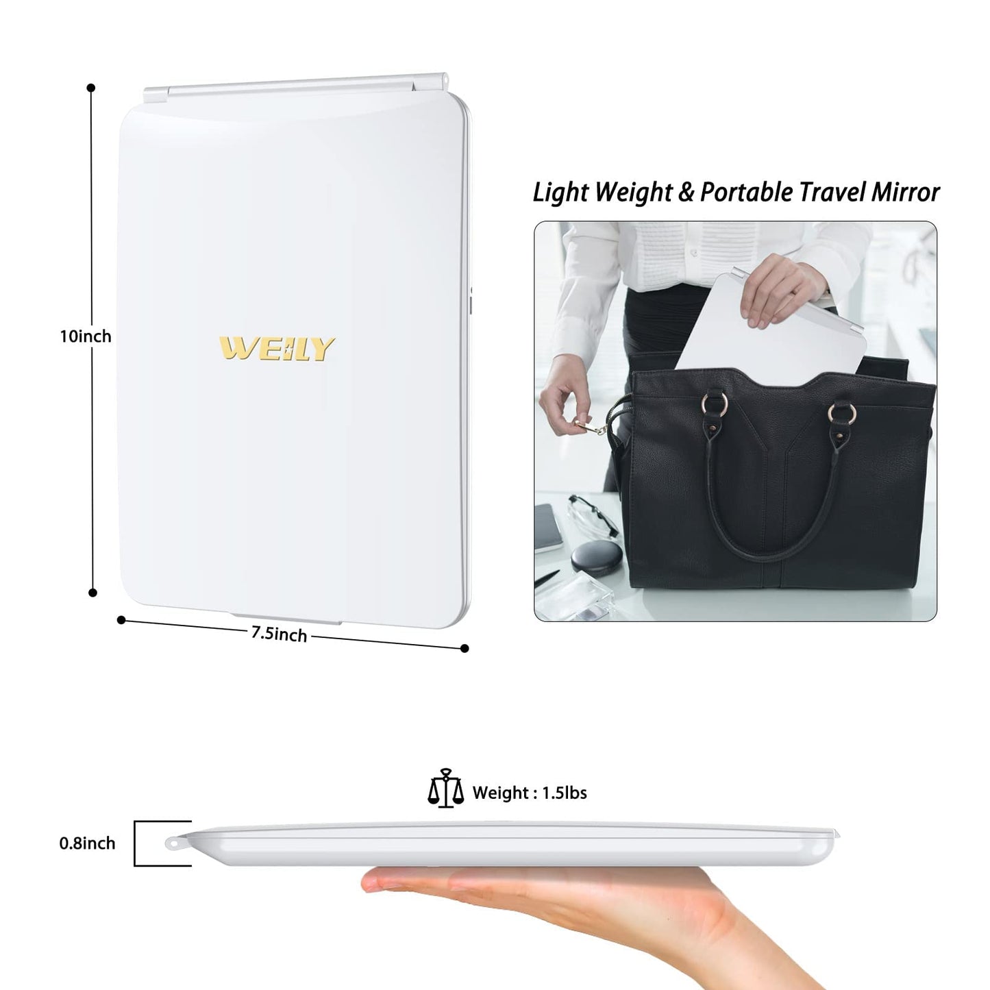 WEILY Portable Travel Mirror Makeup Mirror with 72 LED Lights, Touch Screen Three Colors Dimmable,Ultra Thin, 2000 mAh USB Rechargeable Foldable