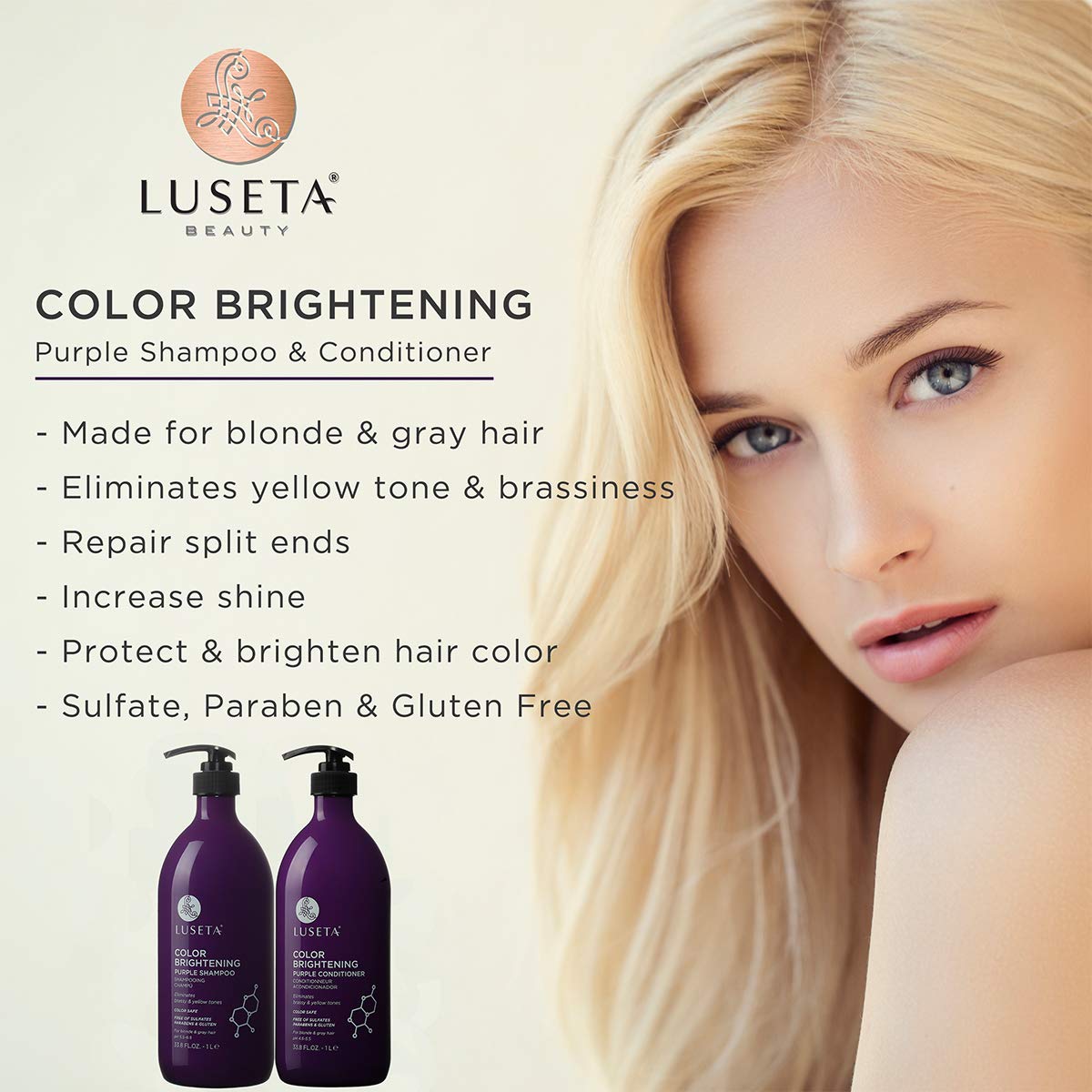 L LUSETA Color Brightening Purple Shampoo and Conditioner Set for Blonde and Gray Hair, Infused with Cocos Nucifera Oil to Help Nourish, Moisturize
