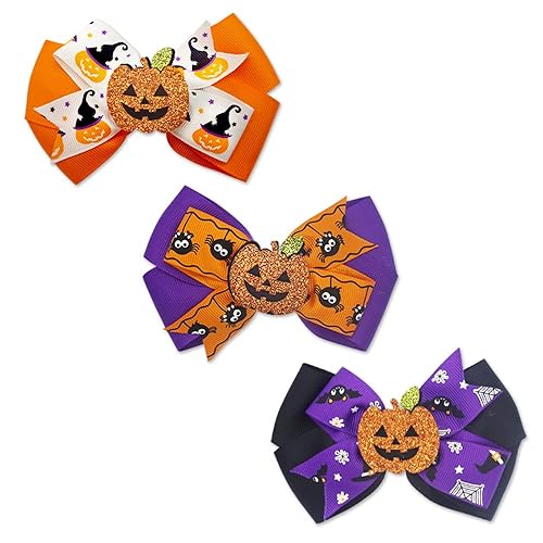3PCS Halloween Hair Bows Clips Glitter Faux Leather Hair Clips Spider Pumpkins Grosgrain Ribbon Bows Boutique Hair Pins Accessories for Girls Women