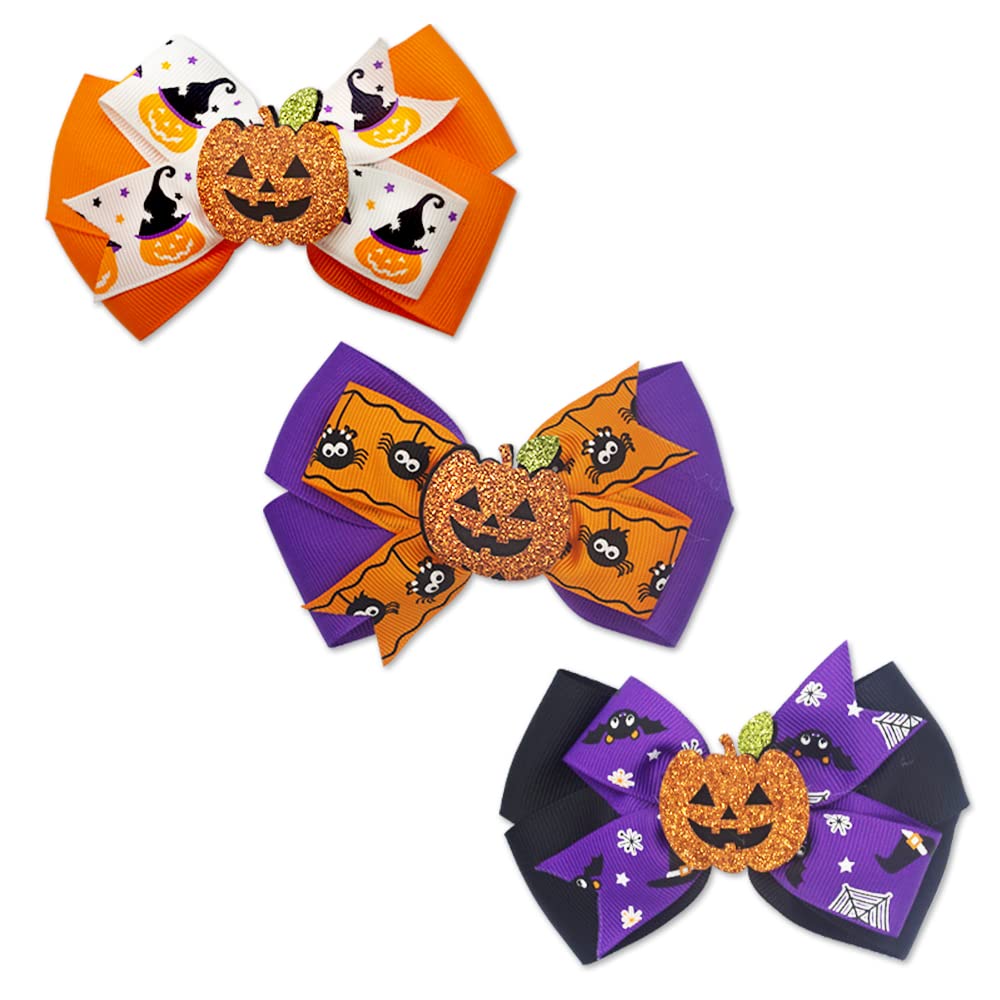 3PCS Halloween Hair Bows Clips Glitter Faux Leather Hair Clips Spider Pumpkins Grosgrain Ribbon Bows Boutique Hair Pins Accessories for Girls Women