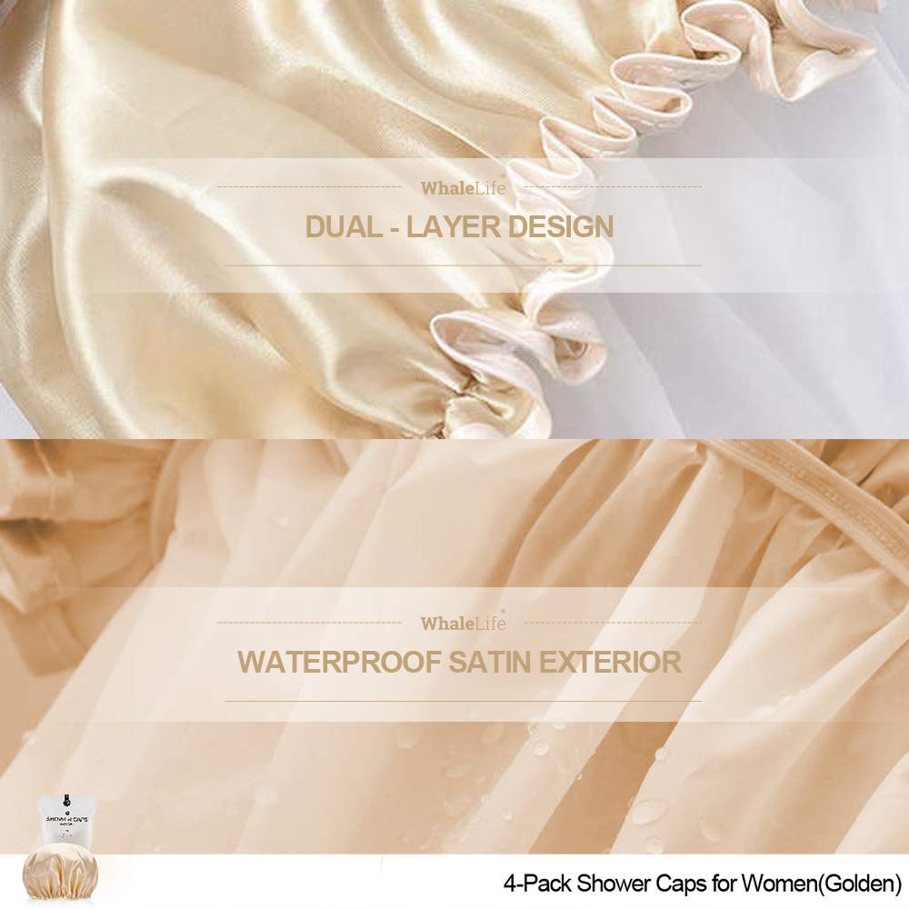 Shower Cap for Women Reusable Extra Large Shower Cap for Men (Golden 4 Pack Large) Satin Double Layer EVA Waterproof Long Hair Cap