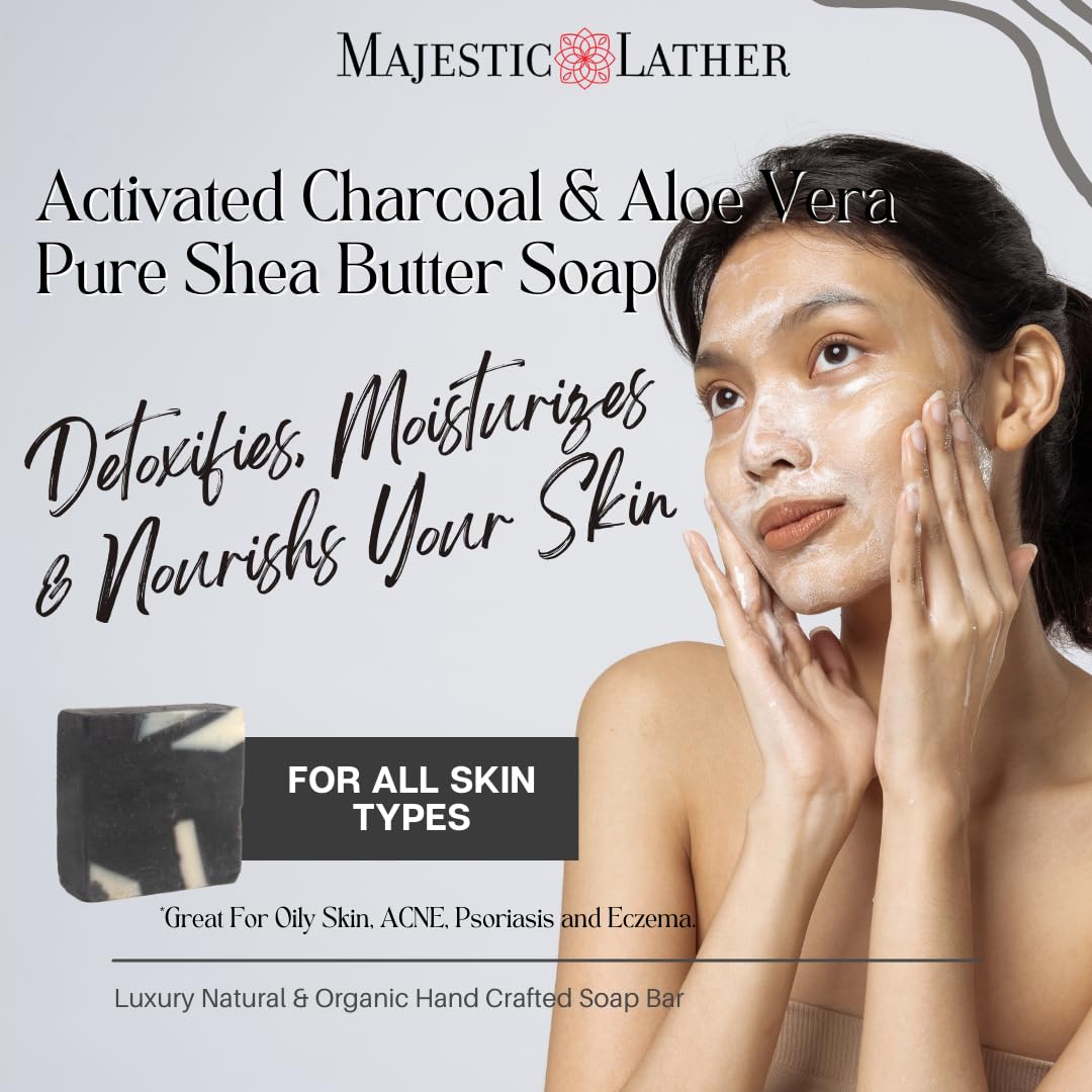 Majestic Lather Soothing Aloe & Activated Charcoal Luxury Bar Soap for Face, Body, Dry Sensitive Skin, Eczema, Psoriasis, Rosacea, ACNE and Oily Skin