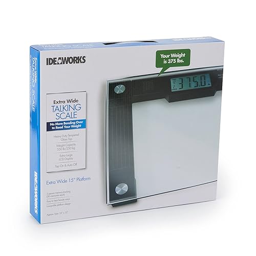Ideaworks JB5824 Extra Wide Talking Scale-Visual & Voice Display Scale- 550 Pounds Max-Tamper Glass-Extra Wide Width-Large LCD Display-Tap On & Off…