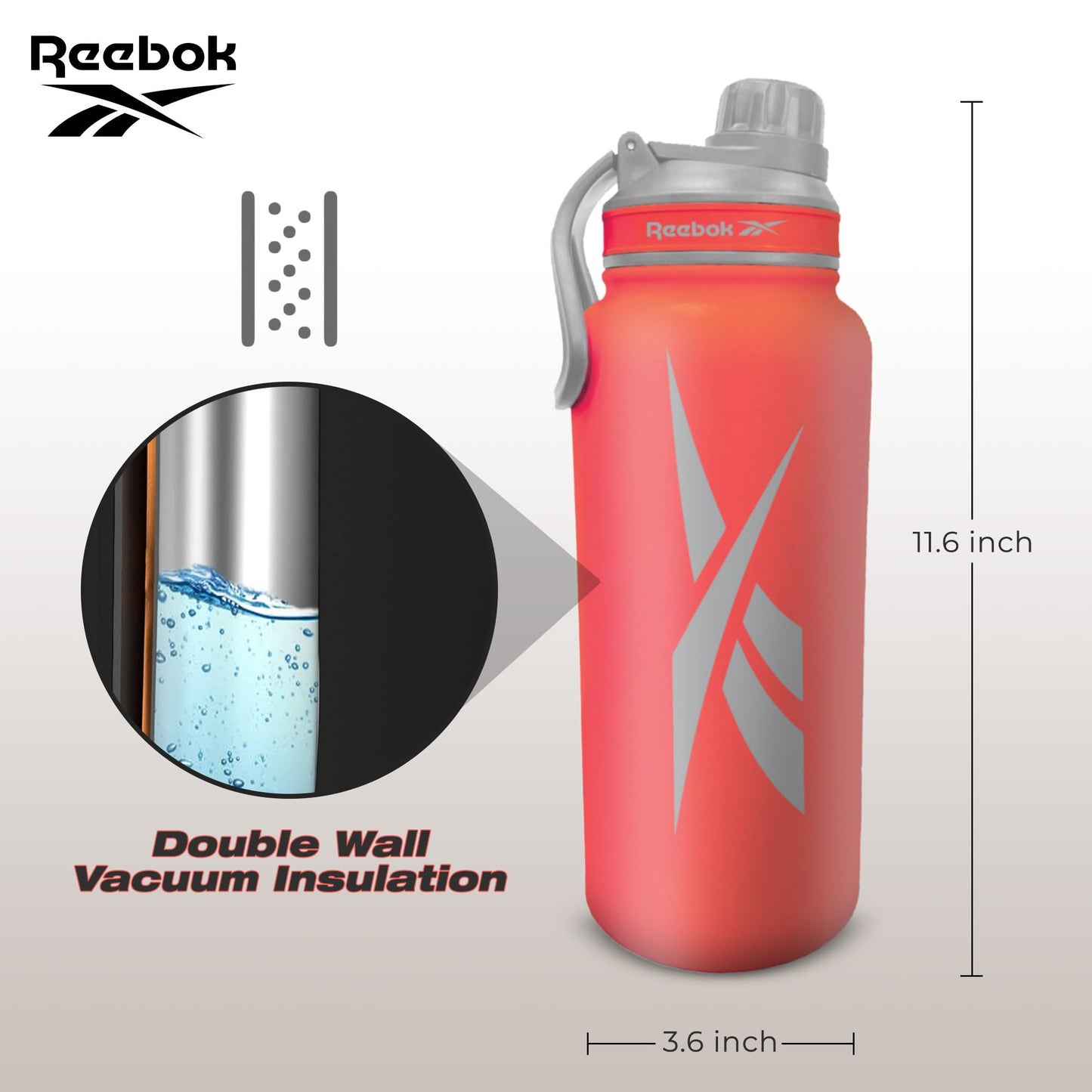 Reebok Stainless Steel Water Bottle With Athletic Design - Insulated Water Bottle 40 oz With Chug Lid - Double Wall Vaccum Insulated Sports Water
