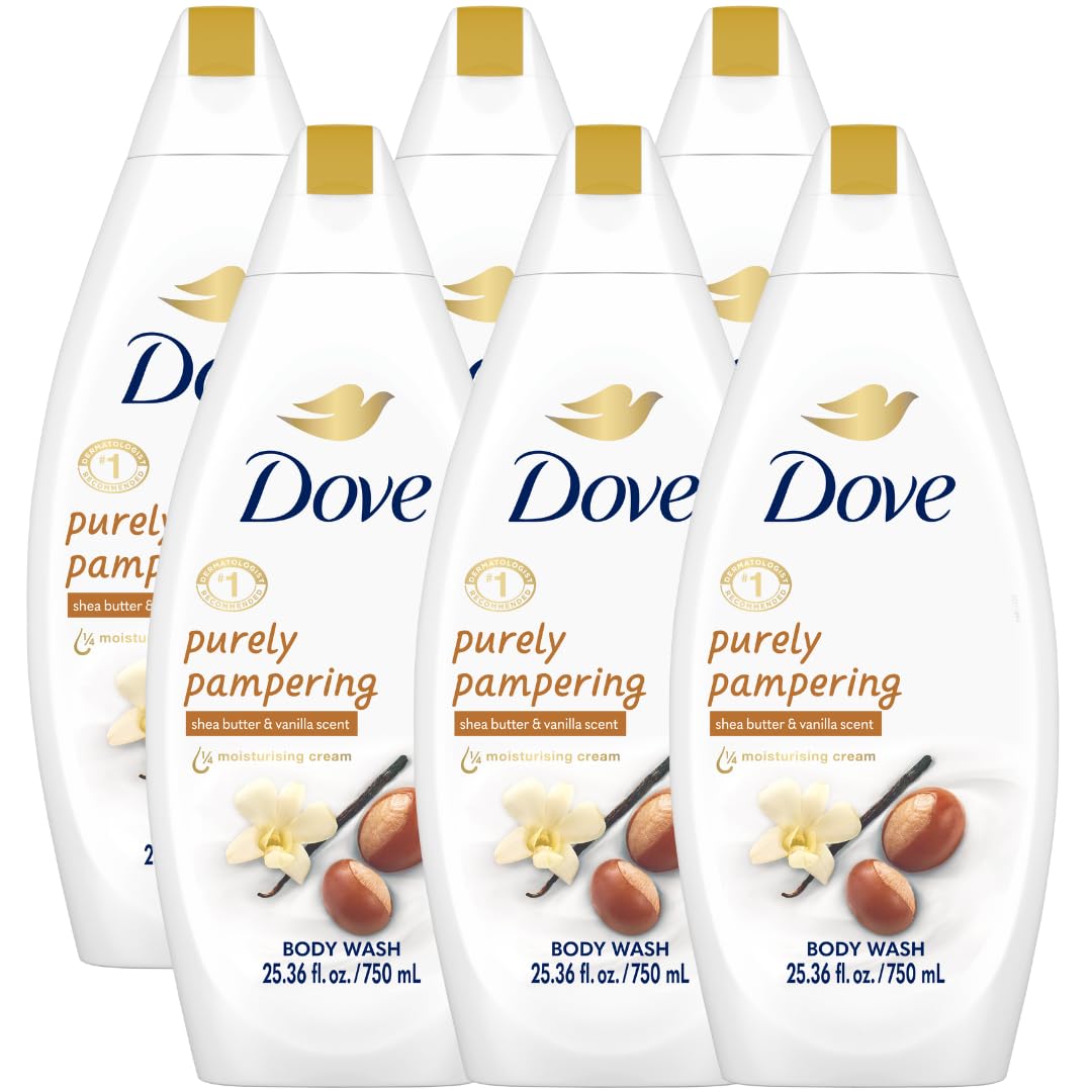 Dove Body Wash 6-Pack - Purely Pampering, Shea Butter & Warm Vanilla for Softer, Smoother Skin, 25.36 Fl Oz Ea