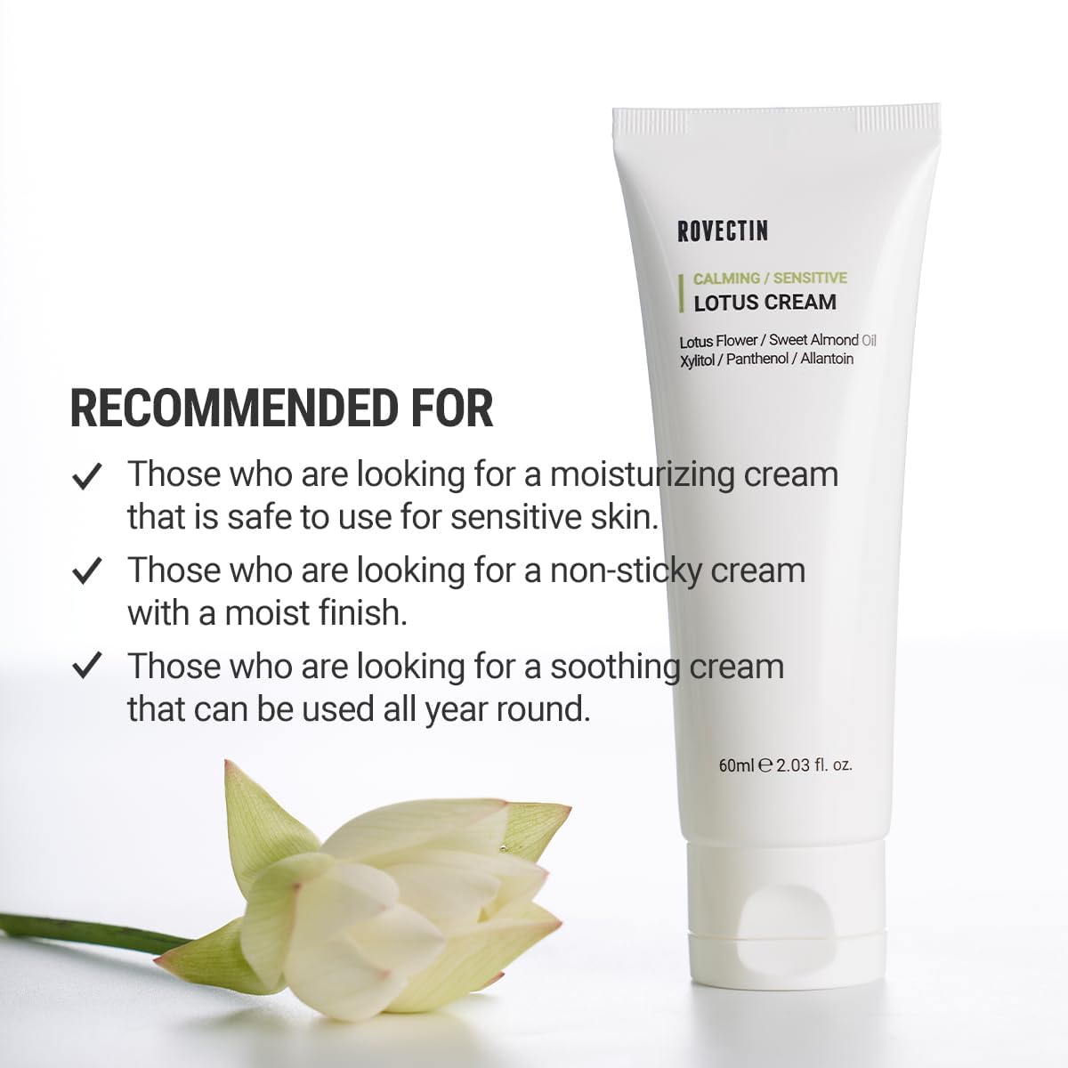 ROVECTIN Calming Lotus Cream - Lightweight Hydrating & Soothing Moisturizer Face Cream for Sensitive Skin | 75% Lotus Water Extract & Niacinamide