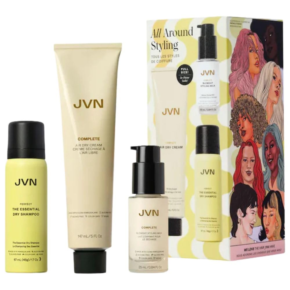 JVN All Around Hair Styling Gift Set - Air Dry Cream, Blowout Styling Milk & Dry Shampoo for Frizz Control, Heat Protection & Style Refresh