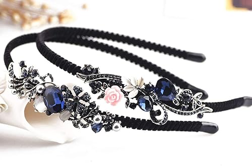 2PCS Women Lady Crystal Headband With Flower Beaded Metal Hard Headpiece