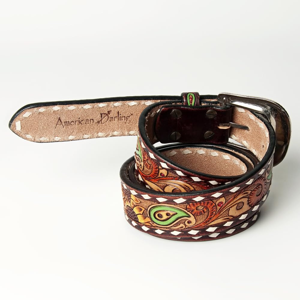 American Darling Medium Beautifully Hand Tooled Brown Genuine Leather Belt Men and Women Western with Removable Buckle
