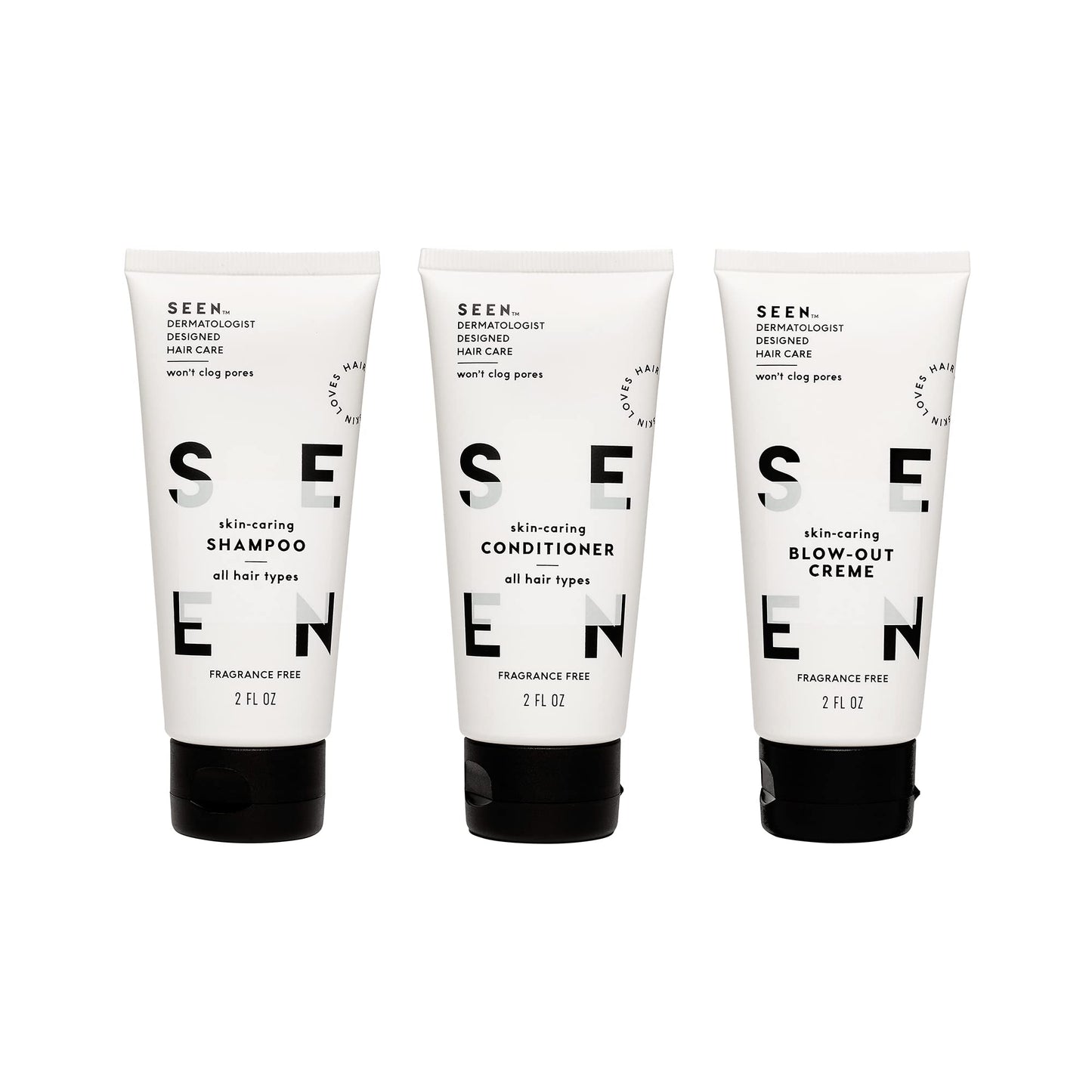 SEEN Travel Trio, Fragrance Free - Non-Comedogenic Blow-Out Hair Cream, Shampoo & Conditioner Set - Dermatologist-Developed- Reduces Frizz- Heat