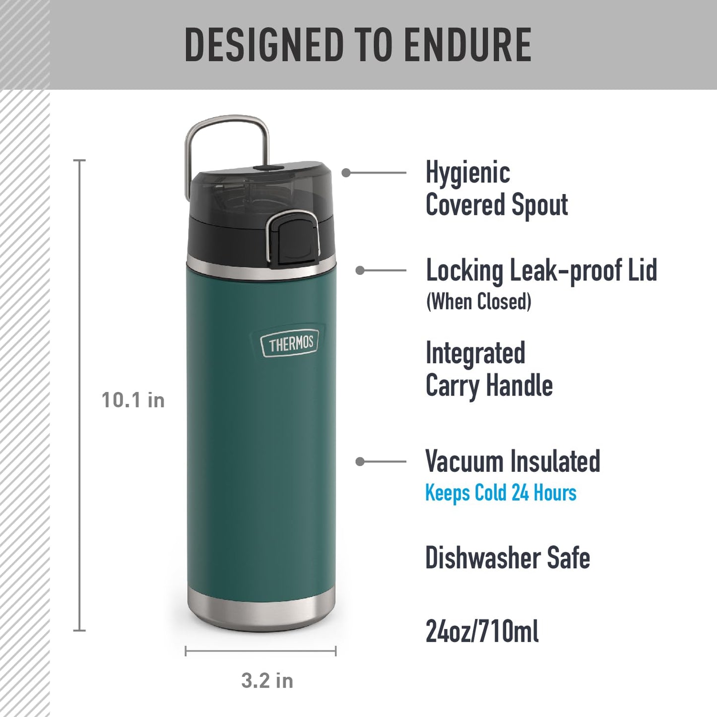 THERMOS ICON SERIES, Stainless Steel Water Bottle with Spout - 24 Ounce, Spruce - Vacuum Insulated Water Bottle with Lid