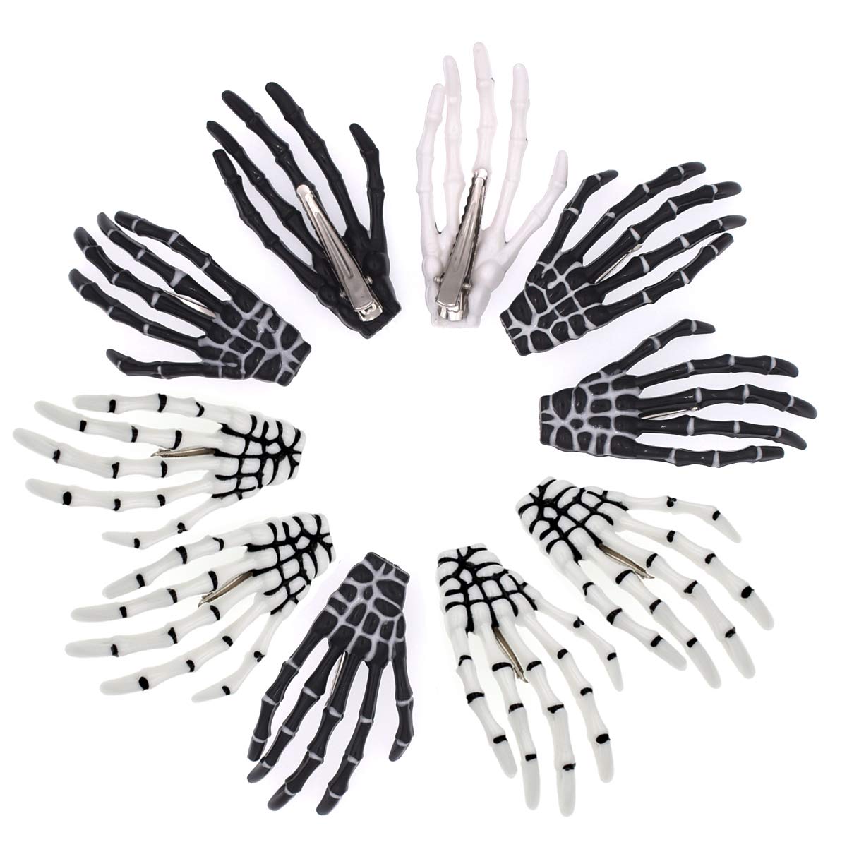 5 Pairs White and Black 3" Skeleton Hands Hair Clips Skull Bone Shape Hairpins Halloween Party Accessories