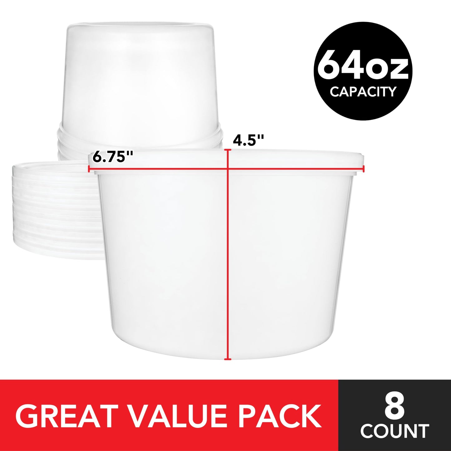 Stock Your Home 64 oz Plastic Deli Containers with Lids (8 Pack), Half Gallon Reusable Freezer Containers, Disposable Food Storage Containers…