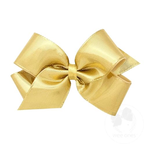 Wee Ones Girls' Metallic Overlay Hair Bow on a WeeStay No Slip Clip, Medium, Gold