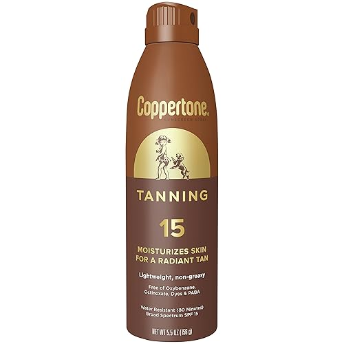Coppertone Tanning Sunscreen Spray with Broad Spectrum SPF 15, Water Resistant Spray Sunscreen, Lightweight and Non-Greasy, 5.5 Oz