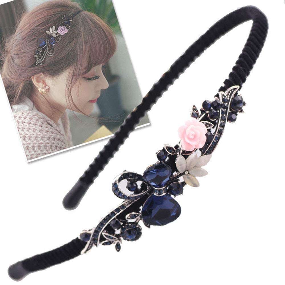 2PCS Women Lady Crystal Headband With Flower Beaded Metal Hard Headpiece