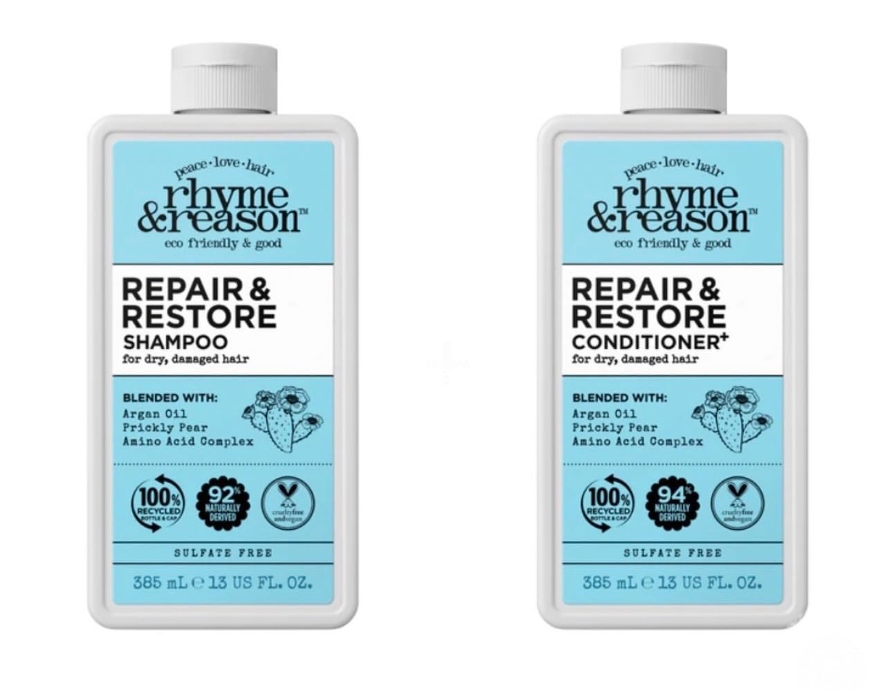 Rhyme & Reason Repair and Restore Shampoo & Conditioner Combo. 13 Fl. Oz. Each bottle. For Dry Damaged Hair. Hydrate Repair. Vegan Cruelty Free