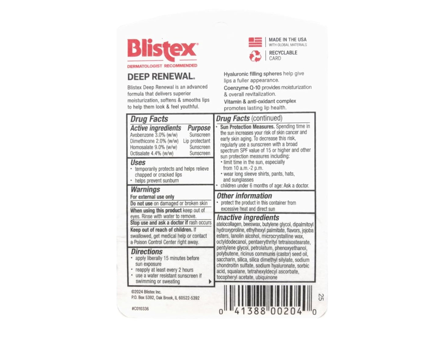 Blistex Deep Renewal Lip Protectant Sunscreen Balm, 0.13 Ounces (3.69g) (Pack of 4)