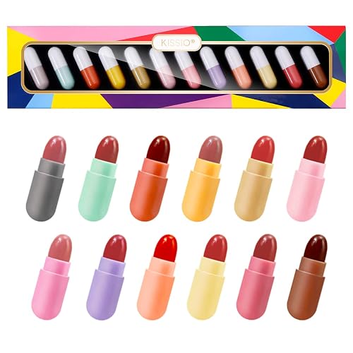 KISSIO Lipstick Set 12 Colors,Mini Matte Lipstick,Pill Lipstick Set,Waterproof Long Lasting Mini Capsules Lipstick,Travel Friendly,Cruelty Free,2.33
