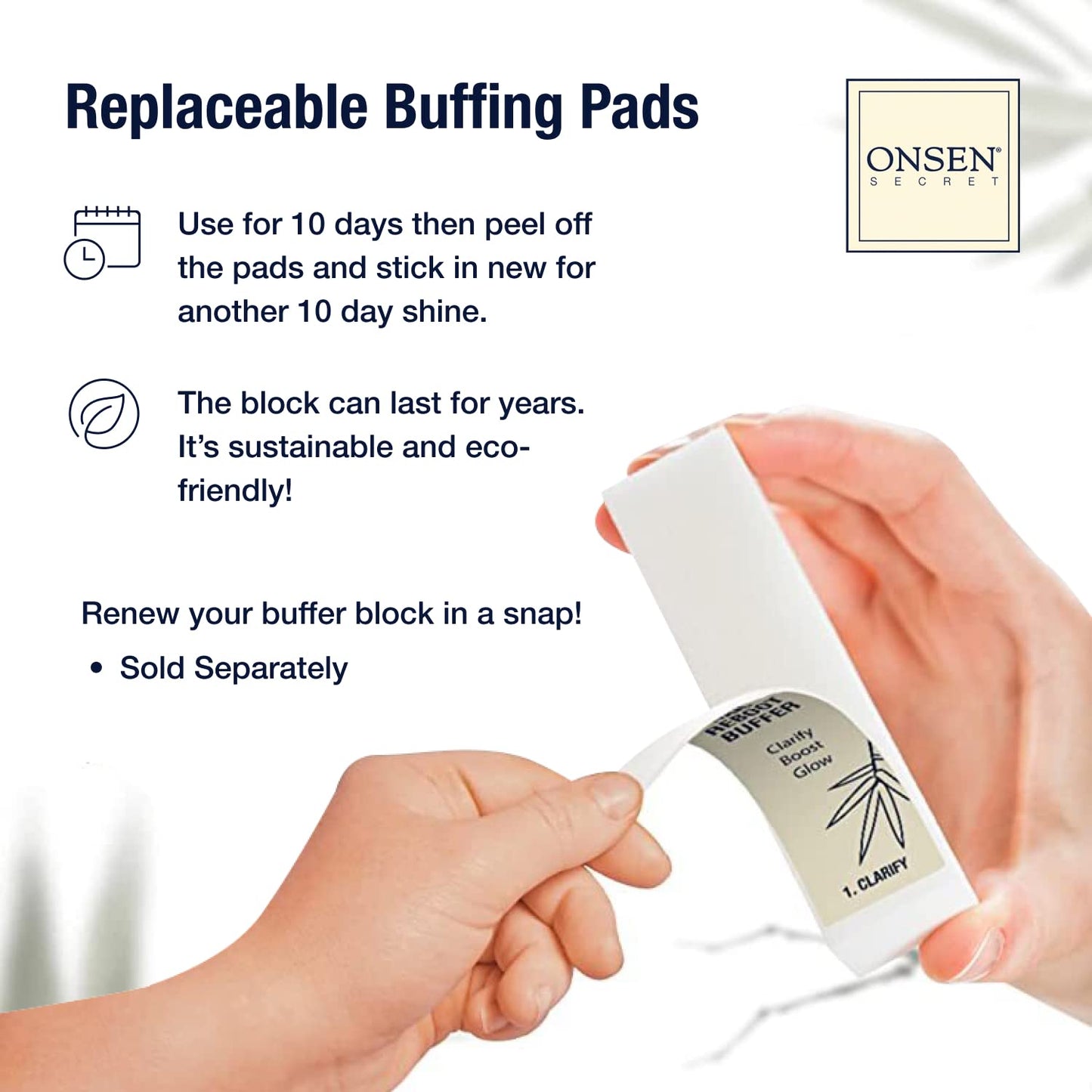 Onsen Secret Professional Nail Buffer Block | 4-Way Buffing for Natural Shine & Healthy Natural Nails - Includes 2 Extra Shine Pads, Salon-Quality