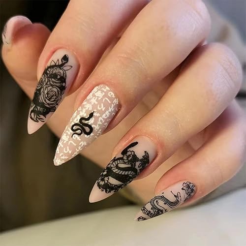 IMSOHOT Almond Press on Nails Medium Matte Nude Fake Nails Full Cover Acrylic False Nails with Black Rose Snake Designs Glue on Nails 24pcs
