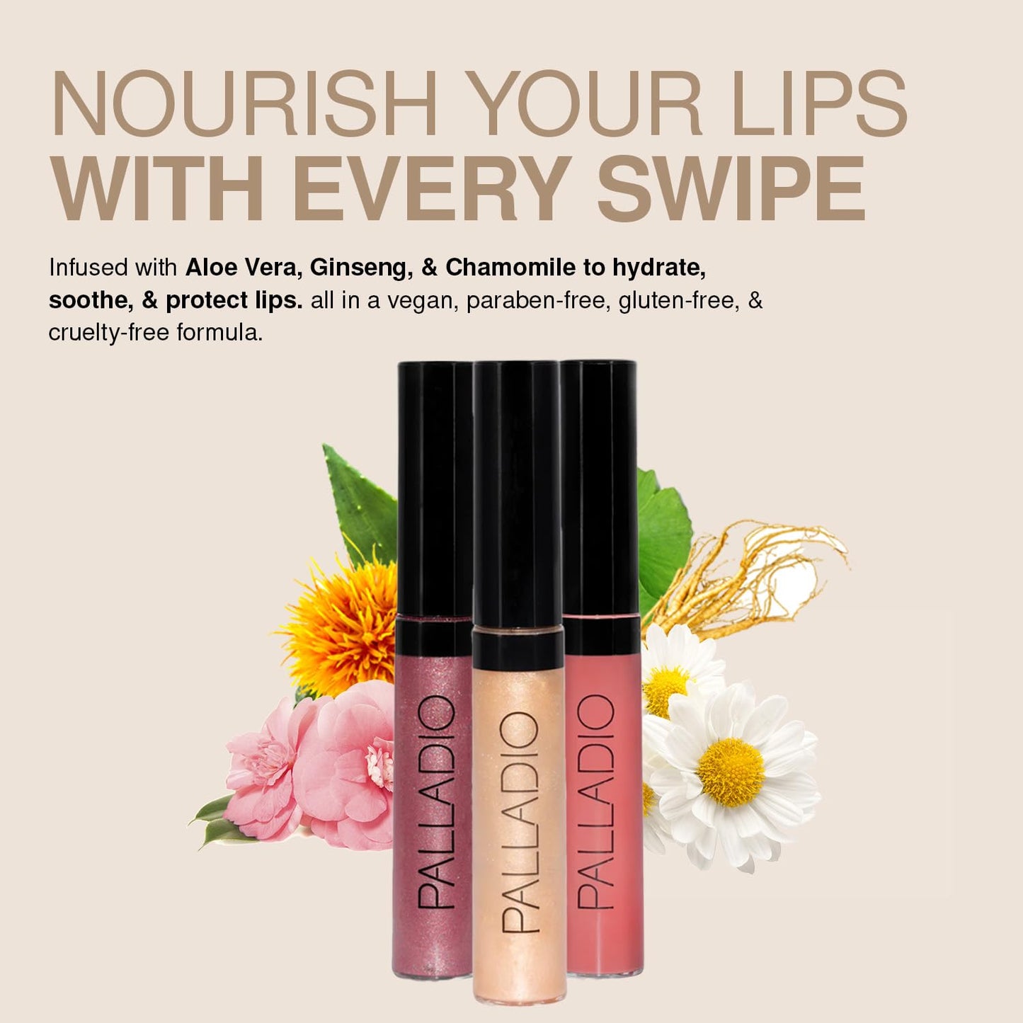 Palladio Lip Gloss, Champagne, Non-Sticky, Contains Vitamin E and Aloe, Offers Intense Color and Moisturization, Minimizes Lip Wrinkles, Softens Lips