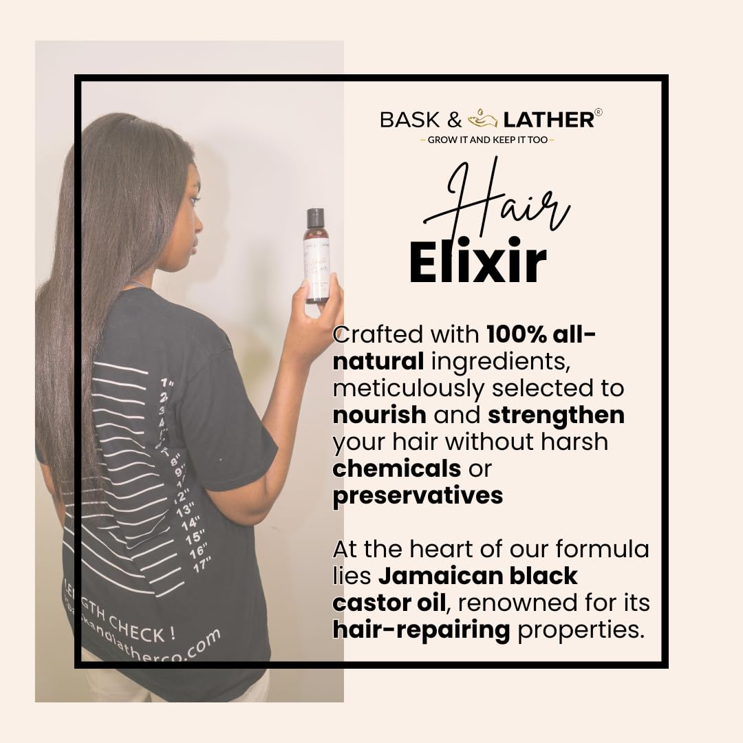 BASK & LATHER Elixir Hair Strengthening Oil, Jamaican Black Castor Oil, For Volume, Thickness, Detangle, De Frizz, Conditions New Hair Growth, 4 fl oz Beauty and Personal Care BASK & LATHER