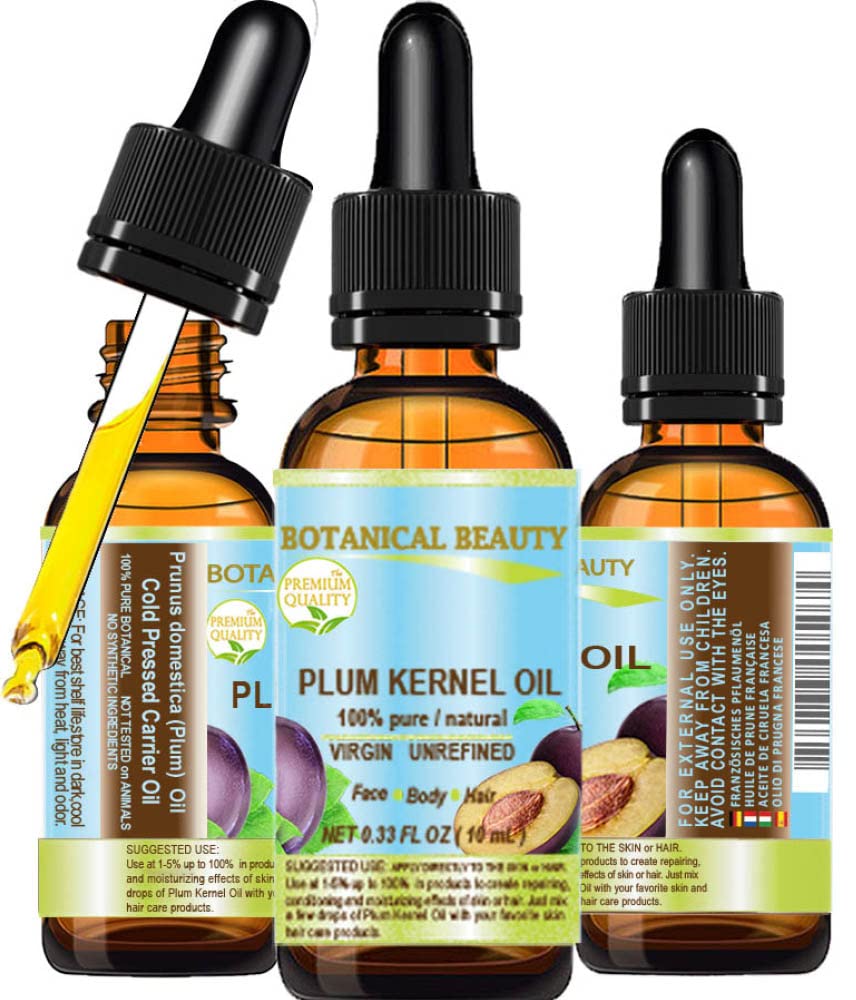 Botanical Beauty French PLUM KERNEL OIL 100% Pure Natural Virgin Unrefined Cold Pressed Carrier Oil 0.33 oz- 10 ml for Face, Skin, Hair, Lips, Nails.