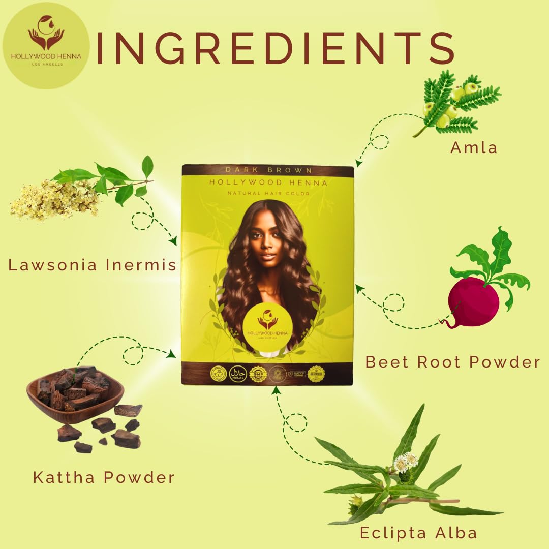 Hollywood Henna Hair Color Kit (Dark Brown) Organic Color Hair Beard Dye (Pack of 1-100g) Henna Based Hair Colors with Pure Herbs Free Chemicals Long