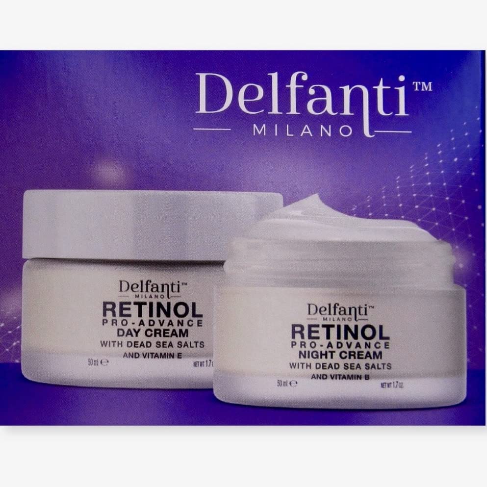 Delfanti-Milano • RETINOL PRO-ADVANCE • Anti-Aging DUO pack • Day + Night Creams • Face and Neck Moisturizers with Dead Sea Minerals and Vitamins E