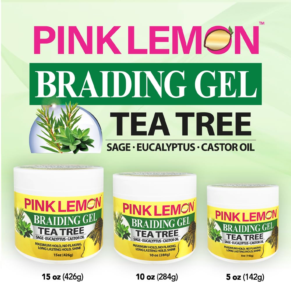 PINK LEMON Braiding Gel - Tea Tree - Maximum Hold, No Flaking, Long Lasting Hold, High Shine. For Micro, Inter, Dread, Faux, Loc, Twist, Braid, Edge