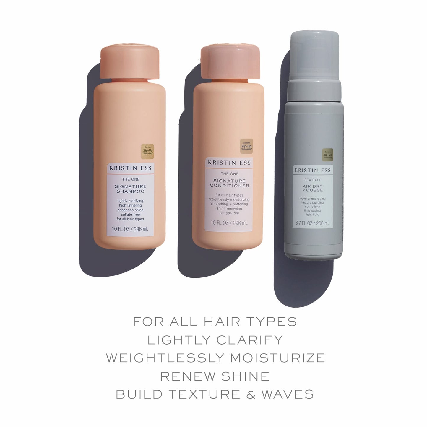 Kristin Ess Hair The One Signature Set - Lightly Clarifying Sulfate Free Shampoo, Hydrating Conditioner + Texturizing Sea Salt Air Dry Volumizing +