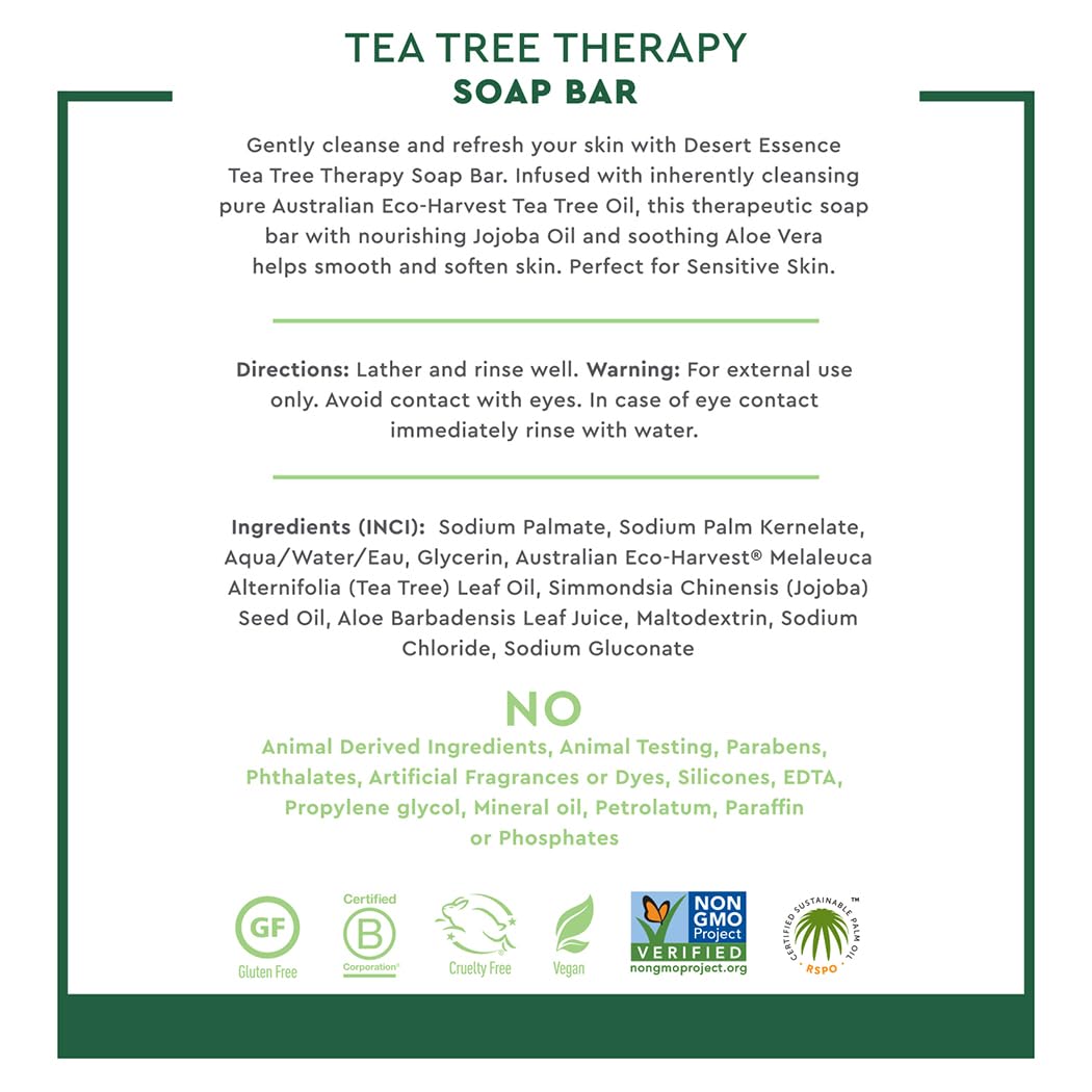Desert Essence Tea Tree Therapy Cleansing Bar Soap - 5 Ounce - Therapeutic Skincare - All Skin Types - Jojoba Oil - Aloe Vera - Palm Oil - Moisturizes