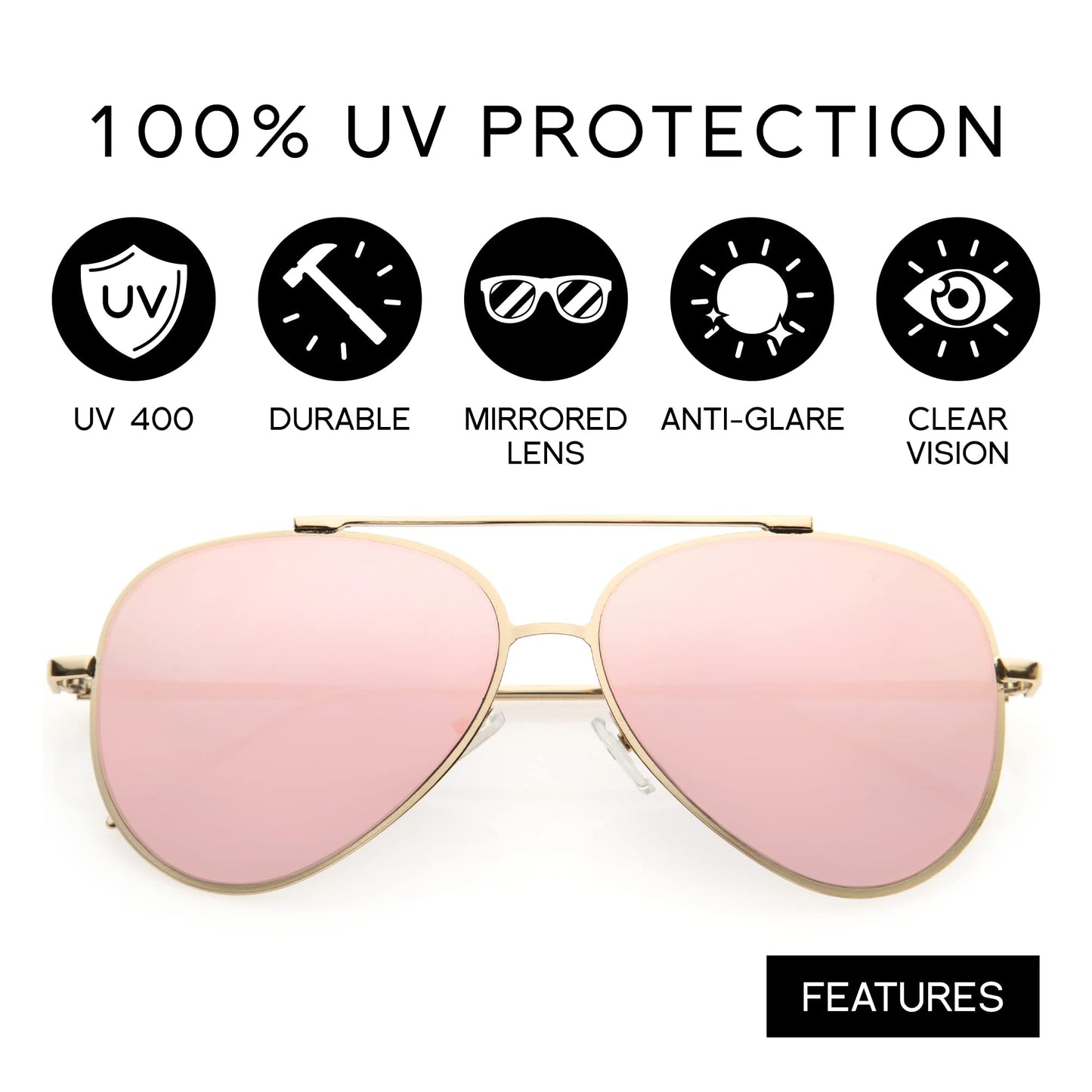 zeroUV Mirrored Oversized Aviator Sunglasses for Women and Men, Metal Frame with UV400 with Large Flat Mirror Lens 58mm (Gold/Pink Mirror)