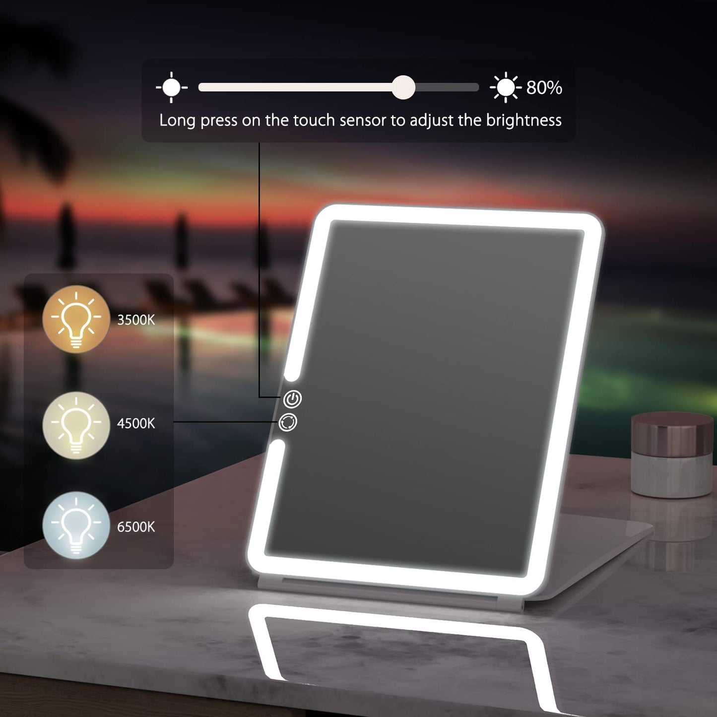 WEILY Portable Travel Mirror Makeup Mirror with 72 LED Lights, Touch Screen Three Colors Dimmable,Ultra Thin, 2000 mAh USB Rechargeable Foldable