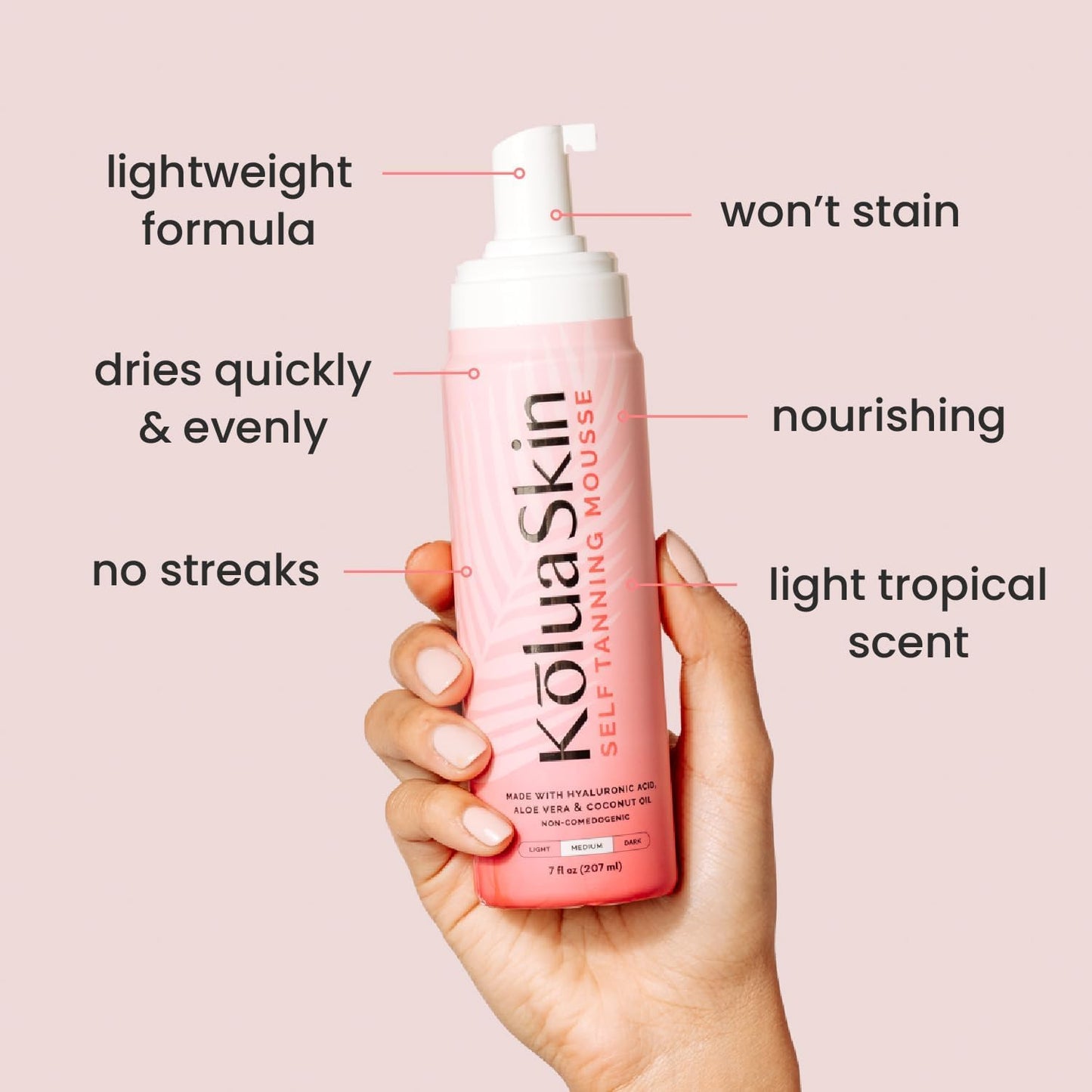 KoluaSkin by Koluawax Self Tanner Mousse, Medium - Natural-Looking Sunless Body Fake Tan - Dries Quickly w/No Streaks, Hydrates Skin - Light Tropical