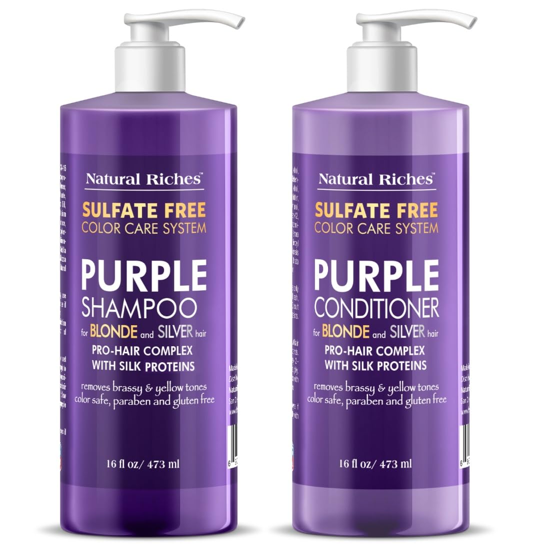 Natural Riches Purple Shampoo and Conditioner Set for Blonde, Silver & Grey Hair - Sulfate-Free, Color-Safe, Removes Brassy & Yellow Tones