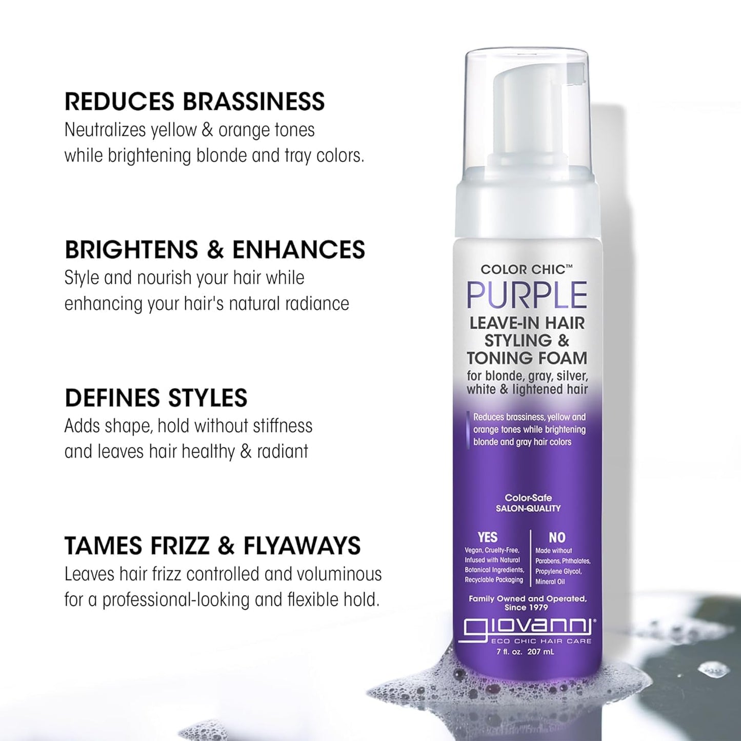 GIOVANNI Color Chic Purple Leave-In Hair Styling & Toning Foam - Purple Foam for Blonde, Gray, Brassy, Fine Hair, Gives Volume & Shine for Women & Men